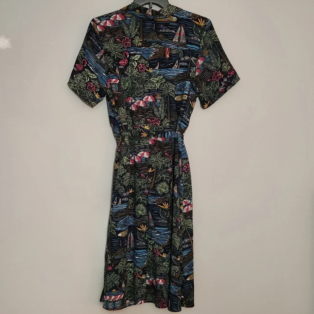D&Co Denim And Company Tropical Print Midi Tie Belt‎ Shirt Dress Size 1X